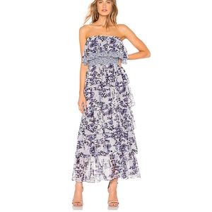 Small Misa Los Angeles Blue Floral Strapless Maxi Dress